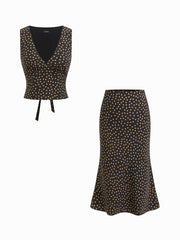 V-Neck Polka Dot Tie Back Top & Mid Rise Mermaid Midi Skirt Set