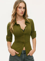 Collar Mid-length Sleeve Button Top