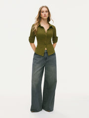 Collar Mid-length Sleeve Button Top