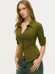 Collar Mid-length Sleeve Button Top