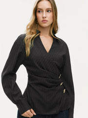 V-neck Striped Metal Button Wrap Blouse
