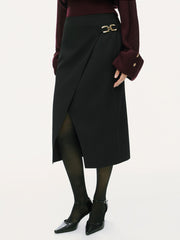 Mid Rise Asymmetrical Hem Metal Detail Split Midi Skirt