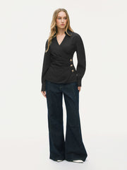 V-neck Striped Metal Button Wrap Blouse