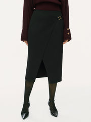 Mid Rise Asymmetrical Hem Metal Detail Split Midi Skirt