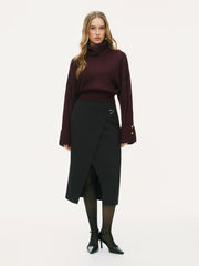 Mid Rise Asymmetrical Hem Metal Detail Split Midi Skirt