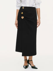 Mid Rise Asymmetrical Hem Metal Detail Midi Skirt