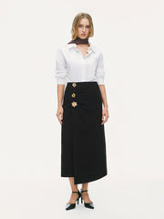 Mid Rise Asymmetrical Hem Metal Detail Midi Skirt