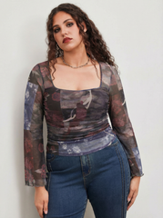 Mesh Square Neck Floral Patchy Lettuce Trim Ruched Long Sleeve Top Curve & Plus