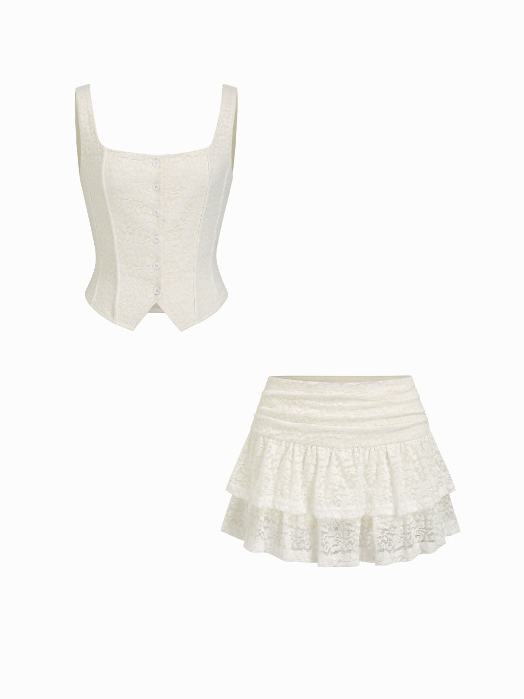 Square Neck Floral Lace Cropped Top & Ruched Ruffled Mini Skirt Set