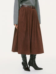 Corduroy Mid Rise Flared Maxi Skirt With Belt