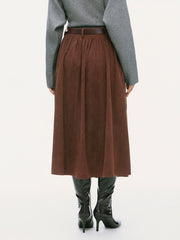 Corduroy Mid Rise Flared Maxi Skirt With Belt