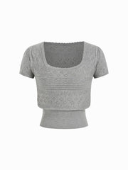 Cable Knit Square Neckline Geometric Puff Sleeve Top