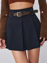 Mid Waist Solid Pleated Skort with Belt