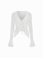 Jacquard Lace V-neck Hanky Hem Knotted Bell Sleeve Top