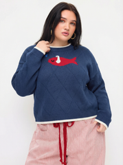 Knit Round Neckline Fish Graphic Contrasting Binding Oversized Top Curve & Plus