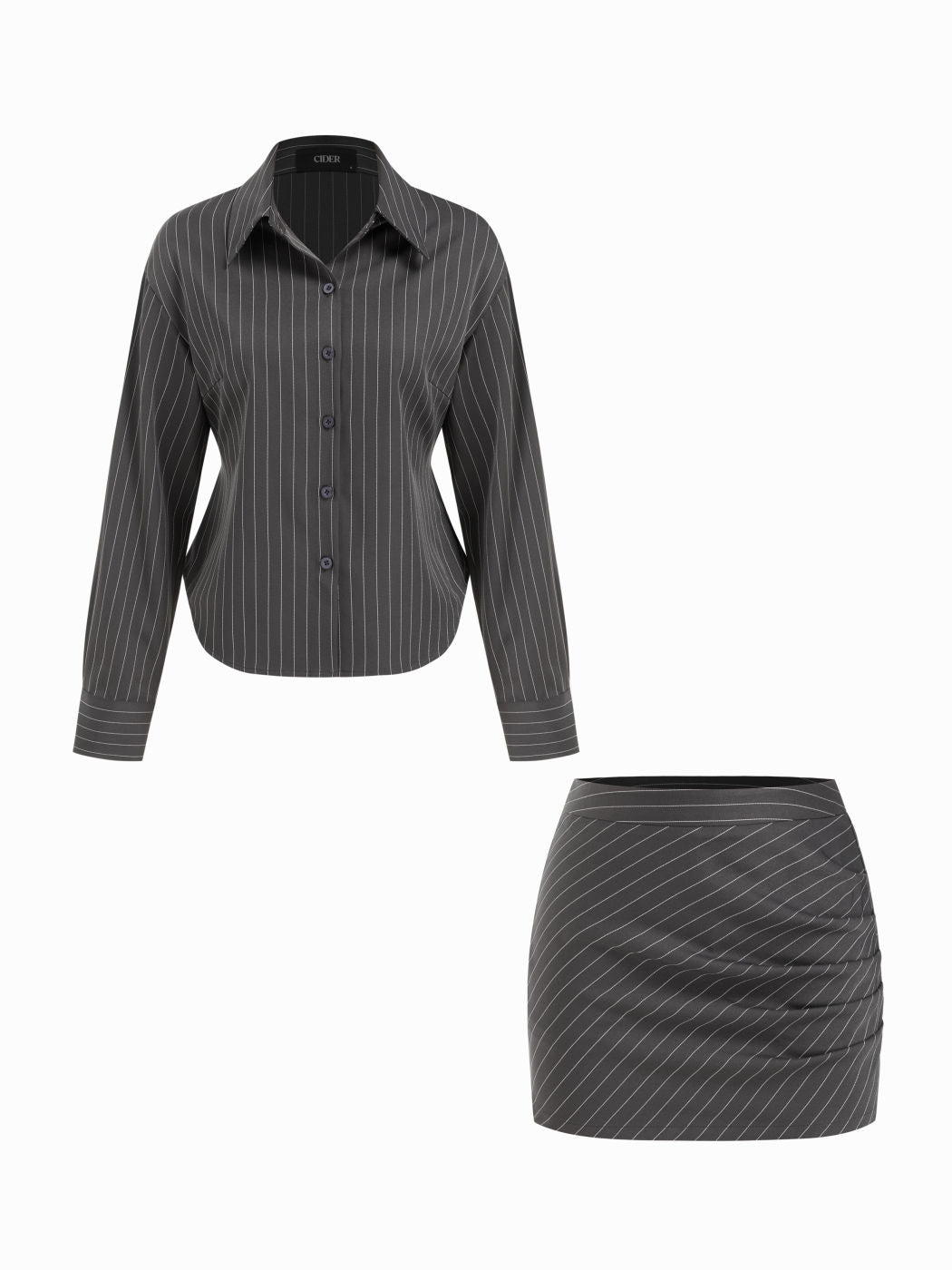 Striped Collar Tie Waist Long Sleeve Shirt & Mid Rise Ruched Mini Skirt Set