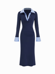 Cotton Stripe Ruched Shirt Maxi Dress