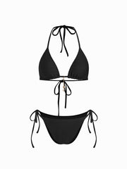 Rib Fabric Halter Neckline Knotted Tie Side Bikini Set With Sarong