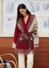 Knit Collar Pattern Colorblock Tassel Oversized Cardigan With Belt