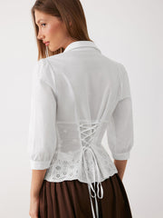 100% Cotton Floral Broderie Anglaise Lace Up Blouse