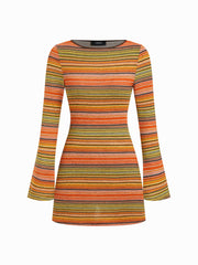 Jersey Boat Neck Striped Bell Sleeve Flared Mini Dress