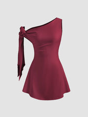 Asymmetrical Neck Knotted Mini Dress