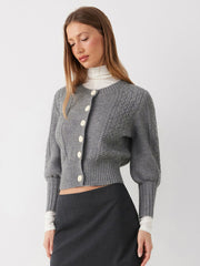 Cable Knit Round Neckline Lantern Sleeve Cardigan