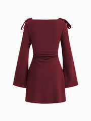 Boat Neckline Solid Ruched Bowknot Mini Dress