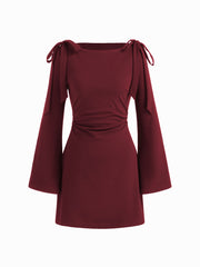 Boat Neckline Solid Ruched Bowknot Mini Dress