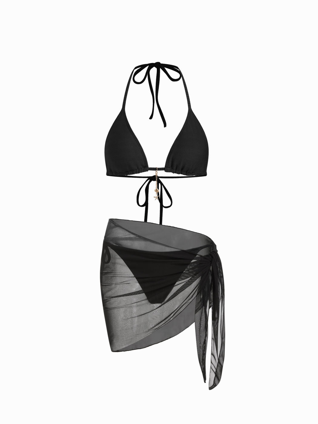 Rib Fabric Halter Neckline Knotted Tie Side Bikini Set With Sarong