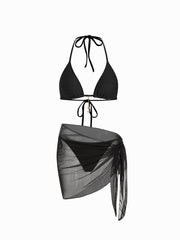 Rib Fabric Halter Neckline Knotted Tie Side Bikini Set With Sarong