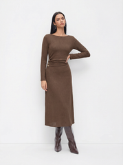 Boat Neck Metal Button Ruched Midi Dress