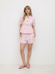 Cotton-blend Peter Pan Collar Puff Sleeve Stripe Top & Low Rise Shorts Set
