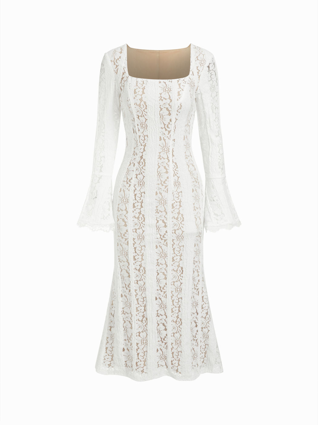 Floral Lace Square Neck Bell Sleeve Mermaid Maxi Dress