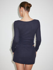 Brushed Fabric Boat Neck Ruched Top & Mid Rise Mini Skirt Set