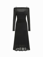 Two-pieces Off-shoulder Ruched Sheer Overlay Top & Maxi Slip A-line Dress