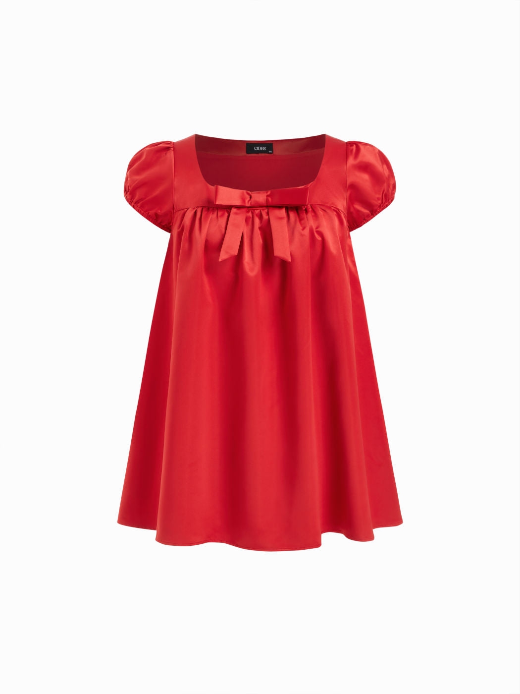 Satin Bowknot Ruffled Puff Sleeve Oversized Babydoll Mini Dress Curve & Plus