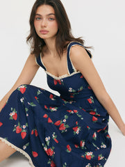 Square Neck Strawberry Ruffle Hem Maxi Dress