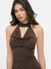 Cotton-blend Halter Neck Polka Dot Ruched Top & Mid Rise Capri Pants Set