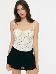 Cotton Polka Dot Ruched Knotted Cropped Cami Top