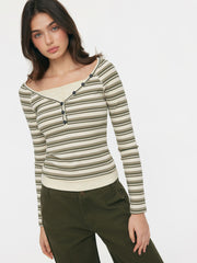 Striped Sweetheart Two Tone Button Top