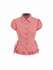 Cotton-blend Gingham Knotted Ruffle Hem Puff Sleeve Blouse