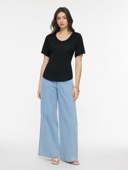 Jersey V-neck Button Cloak Sleeve Tee