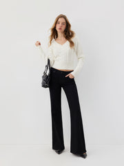 Cable Knit Wool-blend V-neck Long Sleeve Top