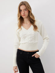 Cable Knit Wool-blend V-neck Long Sleeve Top