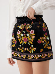Velvet Mid Rise Floral Embroidered Lettuce Trim Elastic Waist Mini Skirt