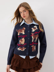 Knit Cute Dog Pattern Embroidery Oversized Cardigan