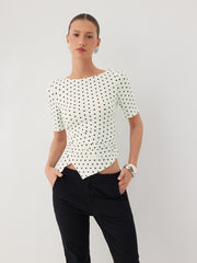 Polka Dot Boat Neck Ruched Top