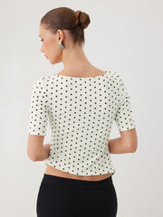 Polka Dot Boat Neck Ruched Top