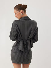 Striped Collar Tie Waist Long Sleeve Shirt & Mid Rise Ruched Mini Skirt Set